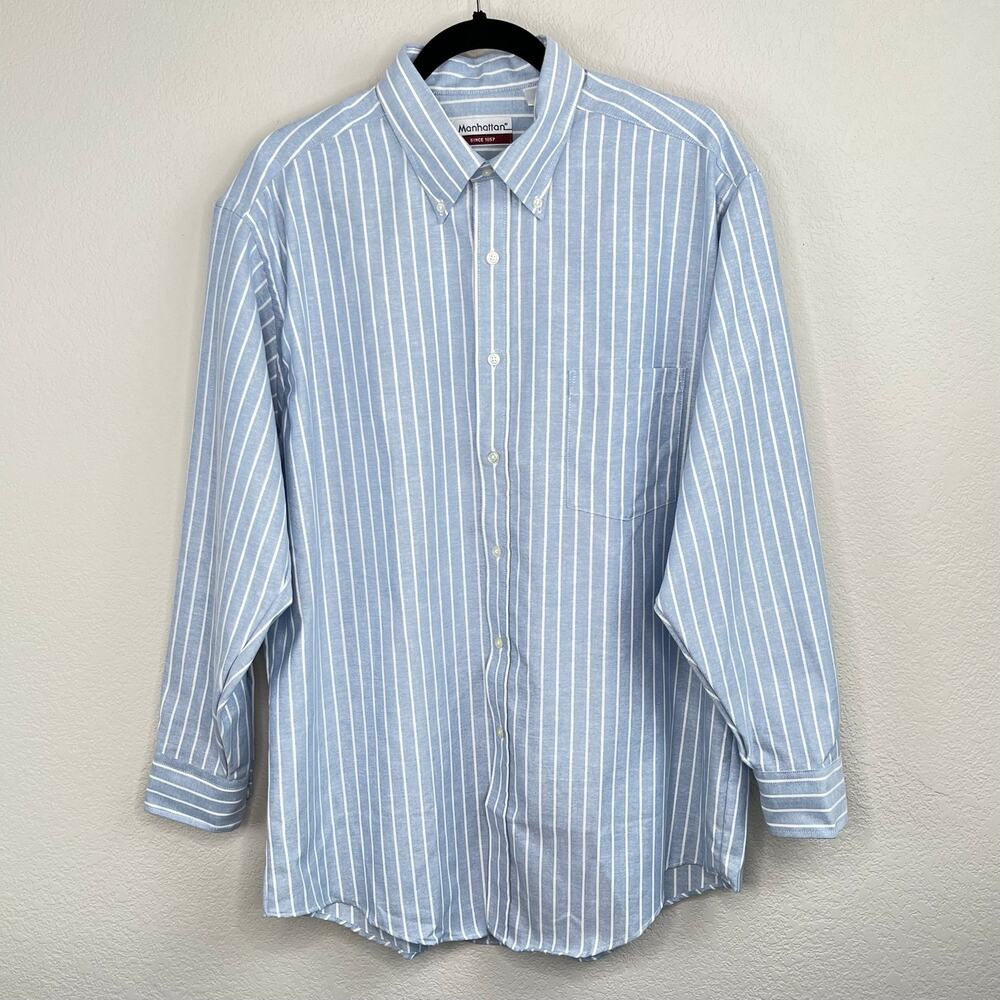 Vintage 90s Manhattan Men’s Dress Shirt Blue White Stripe Button Down 16.5 32-33